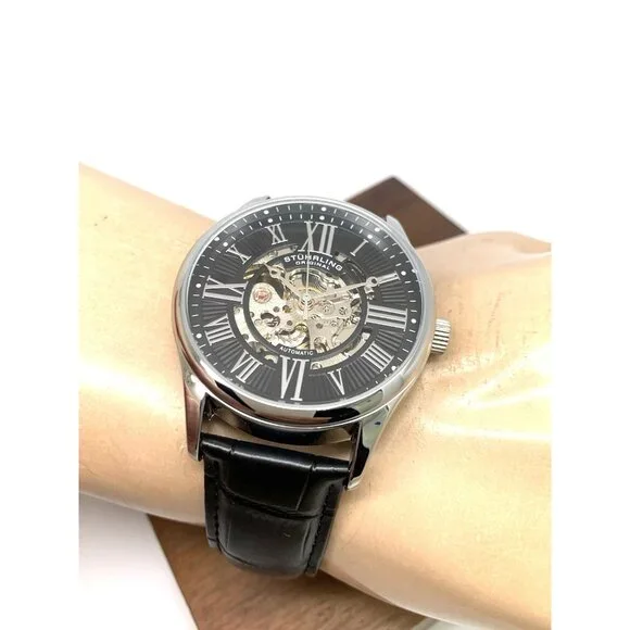 Stuhrling Mens Watch 3942 Automatic Skeleton Dial Silver Black Leather Band 42mm